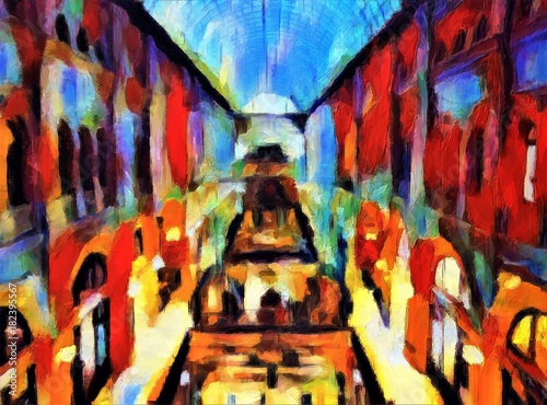 A view of the vintage shops in the huge antique shopping gallery. Large size modern wall art oil painting on canvas. Colorful abstract impressionism artwork.