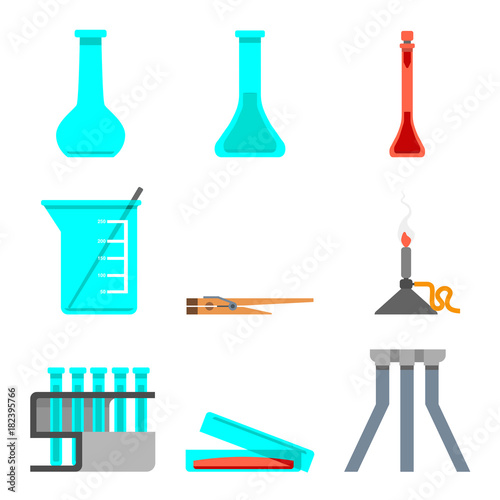 Scientific set of laboratory materials and tools. Flat design concept. Vector illustration.