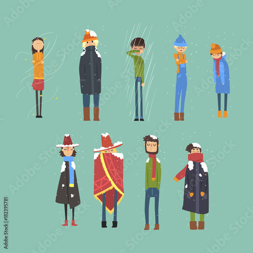 Flat vector set of cartoon freezing men and women. Cold, snowy and rainy weather. Flat people characters dressed in warm winter clothing