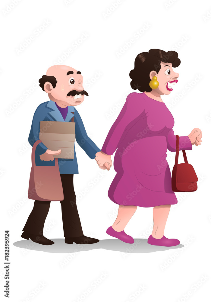 shopping wife drag husband on isolated
