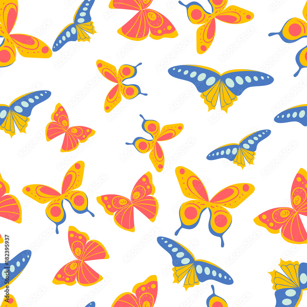 Colorful seamless print pattern with butterflies. Patterned wallpaper for scrapbooking. Vector illustration.