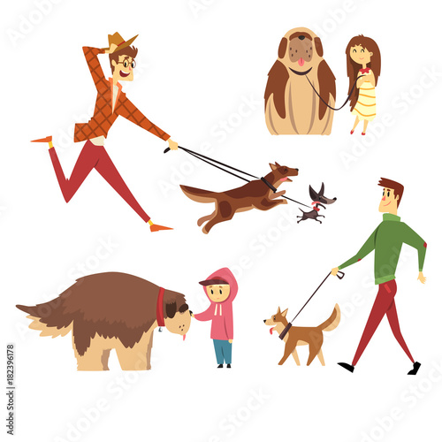 People walking and playing with their dogs set, ute pets with their owners cartoon vector Illustrations