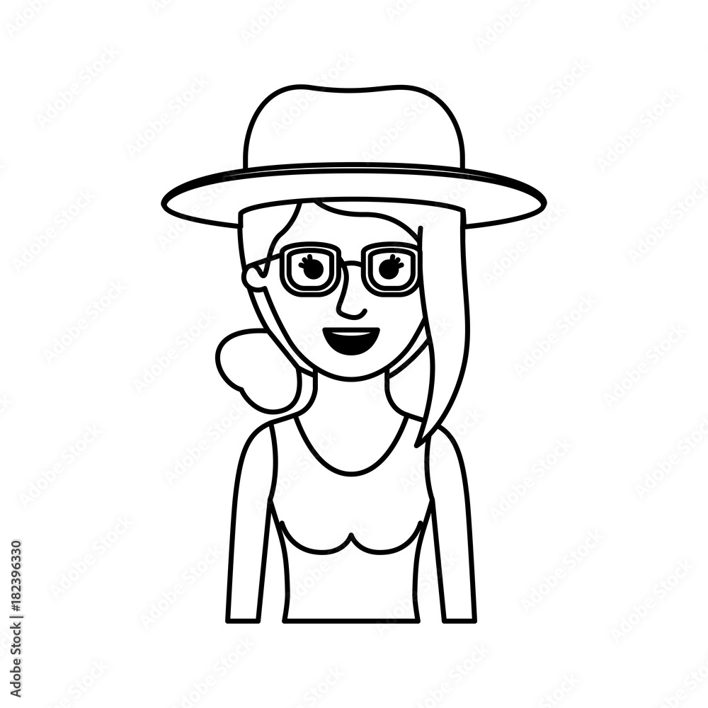 woman half body with hat and glasses and t-shirt sleeveless with collected hair and fringe in monochrome silhouette vector illustration