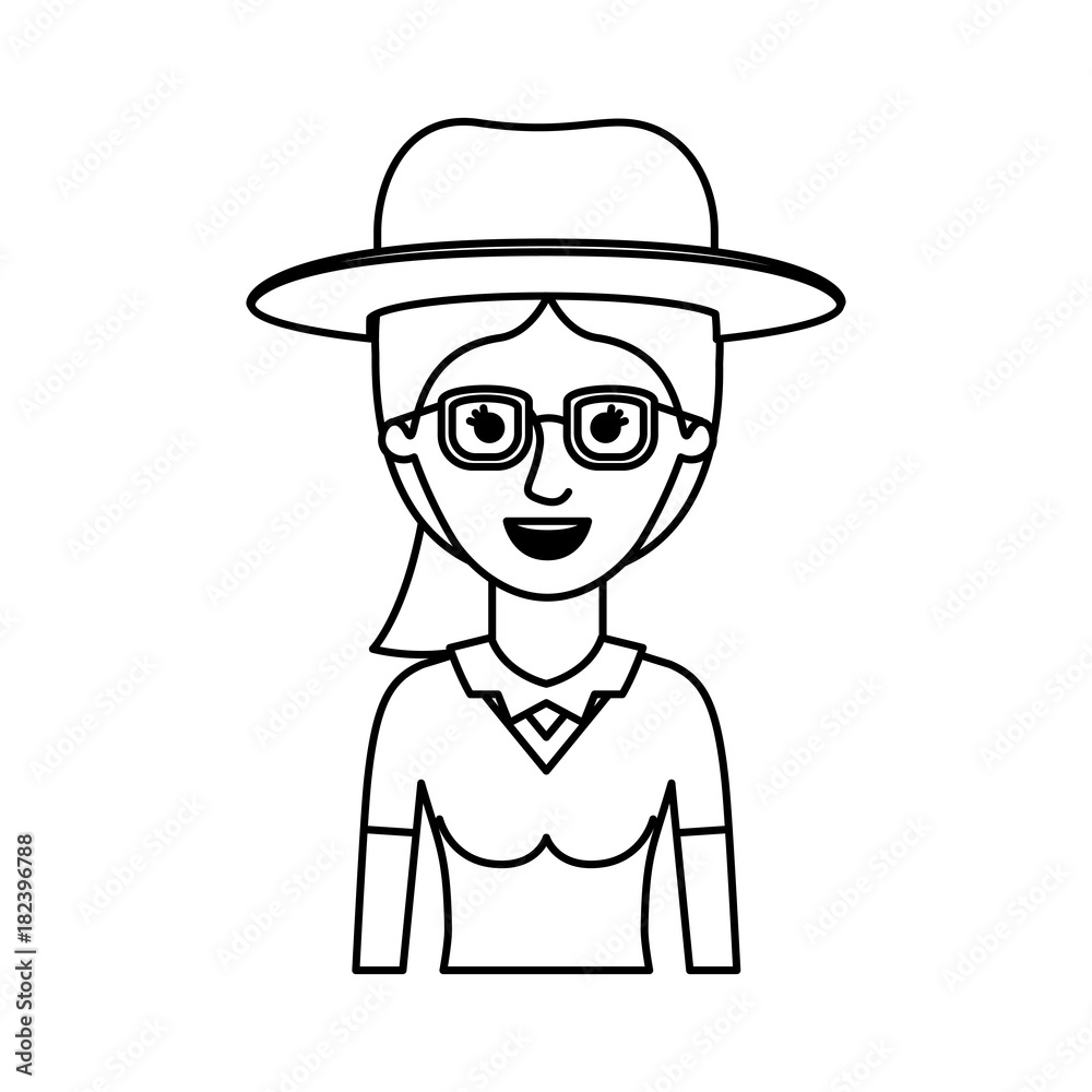 woman half body with hat and glasses with blouse and ponytail hair in monochrome silhouette vector illustration