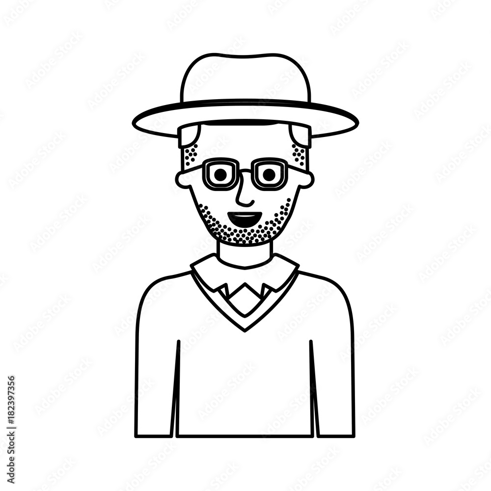 man half body with hat and glasses and sweater with short hair and stubble beard in monochrome silhouette vector illustration