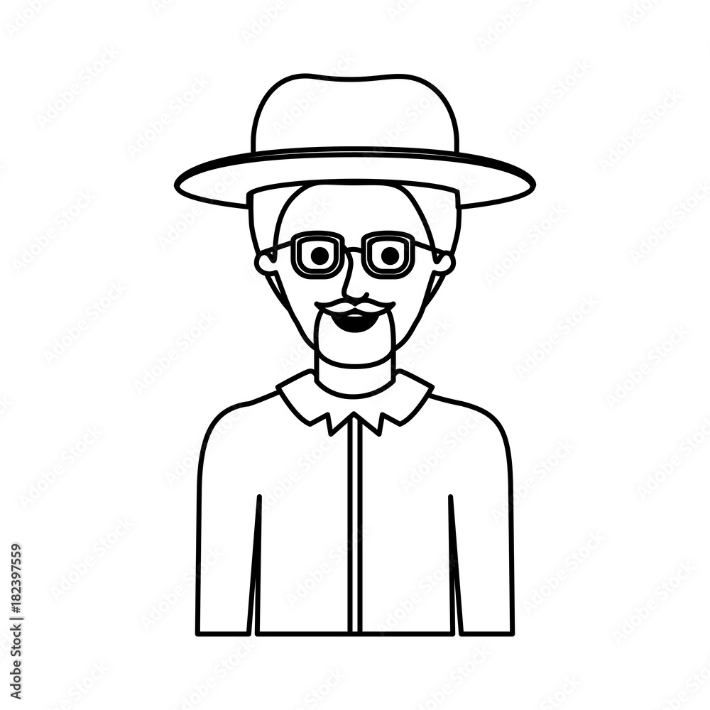 man half body with hat and glasses and shirt with short hair and goatee beard in monochrome silhouette vector illustration