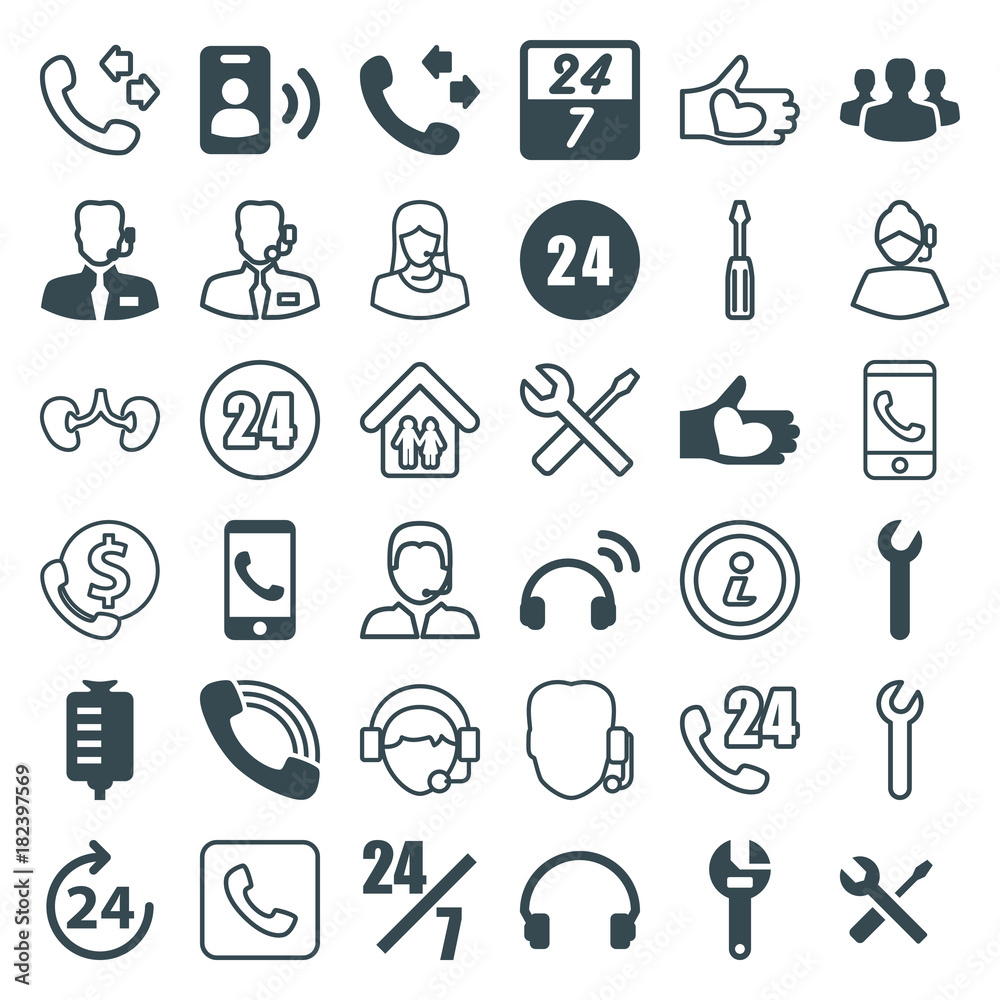 Set of 36 support filled and outline icons
