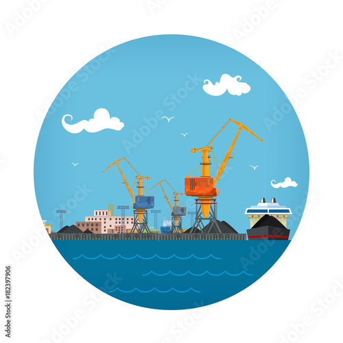 Cargo Sea Port , Unloading Coal or Ore from the Vessel, ,Logistic Icon, Sea Freight Transportation, Port Warehouses and Cranes, Vector Illustration
