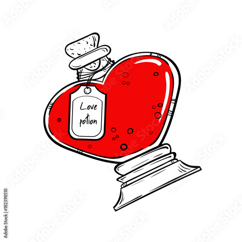 Bottle with magic elixir. love potion hand drawn