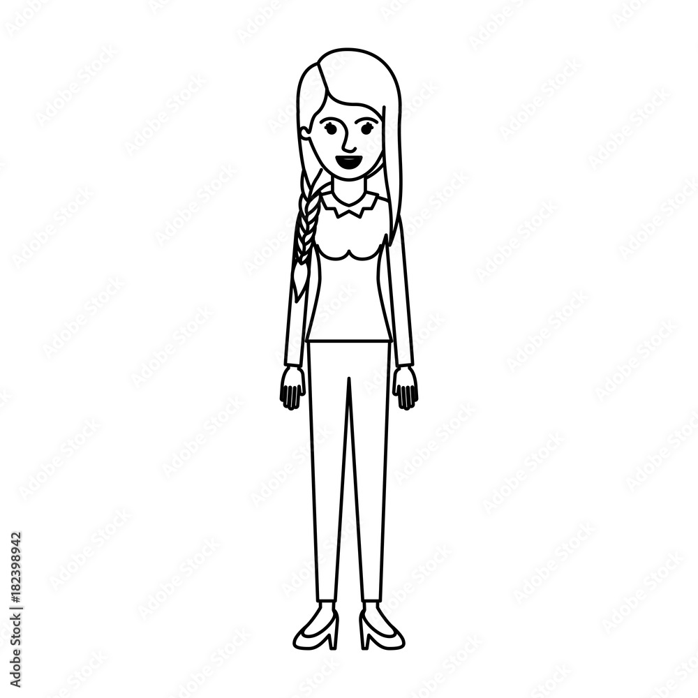 Obraz premium woman full body with blouse long sleeve and pants and heel shoes with braid and fringe hairstyle in monochrome silhouette vector illustration