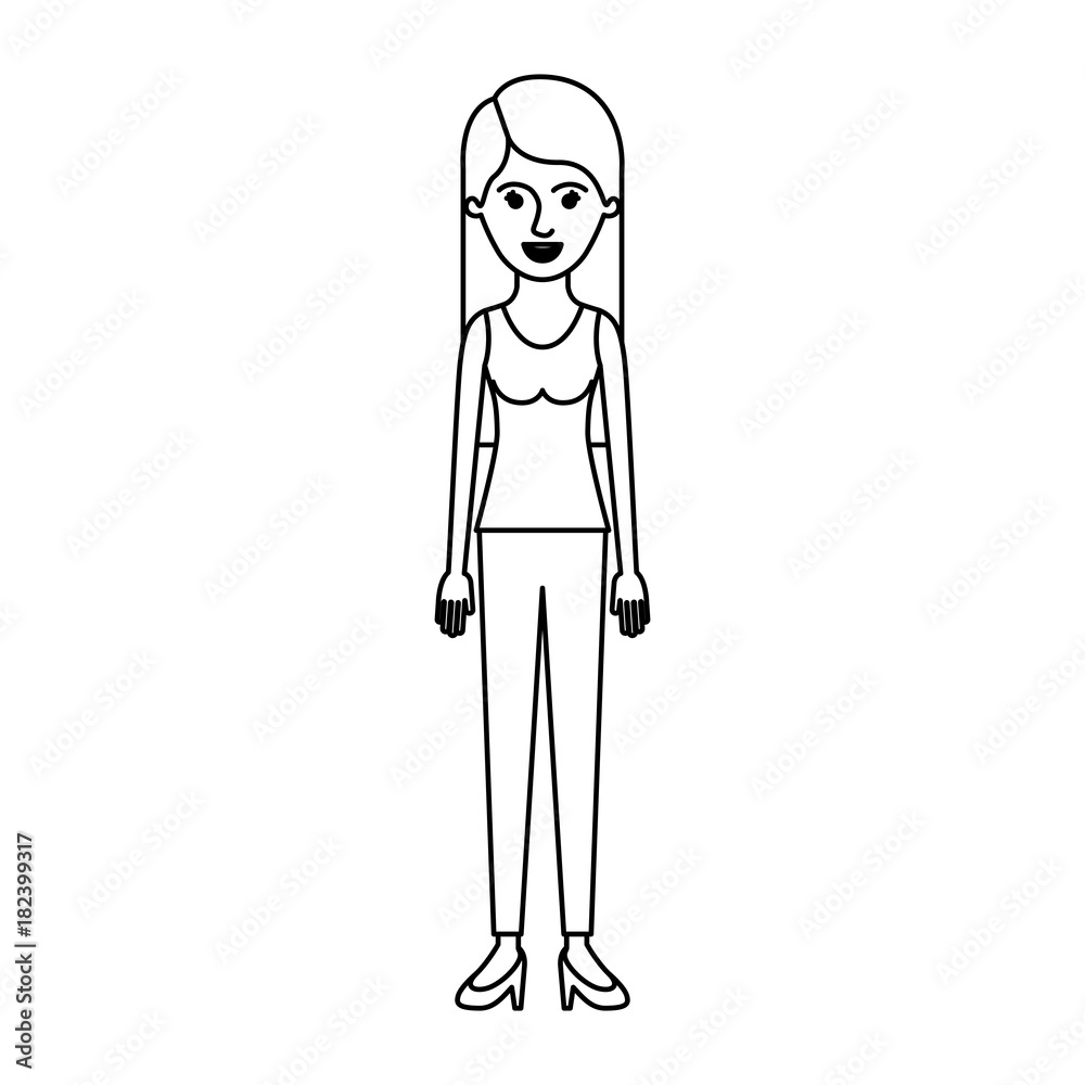 Obraz premium woman full body with t-shirt sleeveless and pants and heel shoes with long straight hair in monochrome silhouette vector illustration