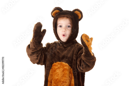 Print op canvas Child in a christmas carnival bear costume isolated on white