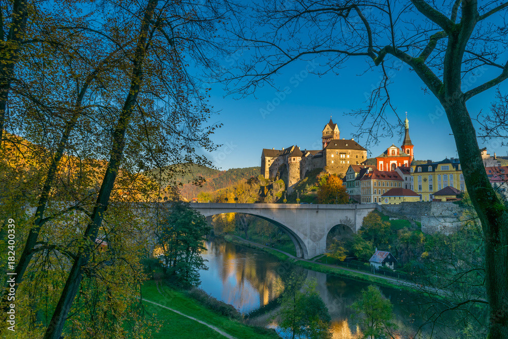 Admiring the sunset colors at  the 12th Century Gothic Castle surrounded by the Ohre River, Loket Castle, Bohemia, Sokolov, Karlovarsky Region, Czech Republic