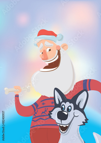 Happy laughing Santa Claus with bone and a dog. New year and Christmas cards for year of the dog according to the Eastern calendar. Vector Characters Illustration on glowing colourful background.