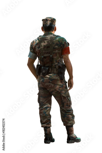 security soldier standing with battle uniform isolated white background