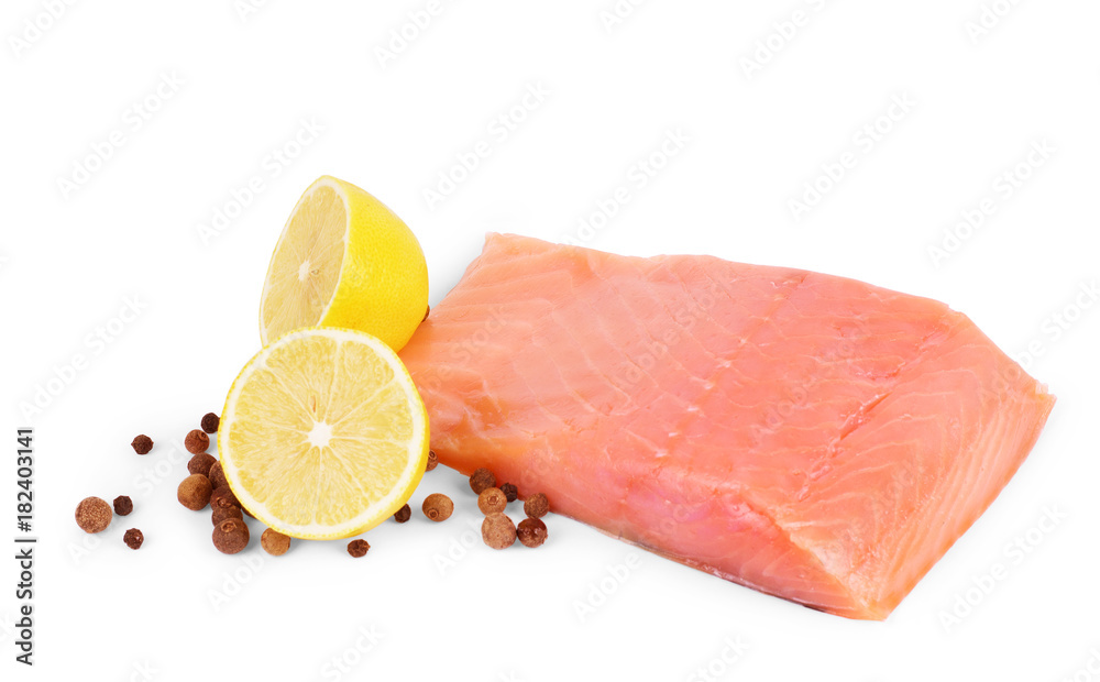 Two slices of red fish with rosemary on a white background. Closeup. on a white Two slices of red fish with rosemary on a white background. Closeup. on a white