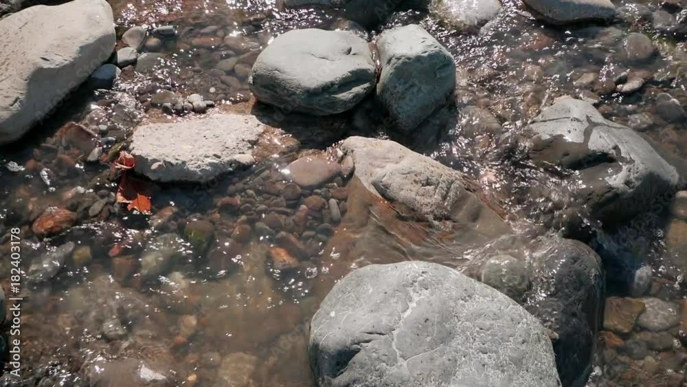 Close up of big and small stones, red autumn leaves and fast stream of water running around them. Slow motion Close up of big and small stones, red autumn leaves and fast stream of water running around them. Slow motion