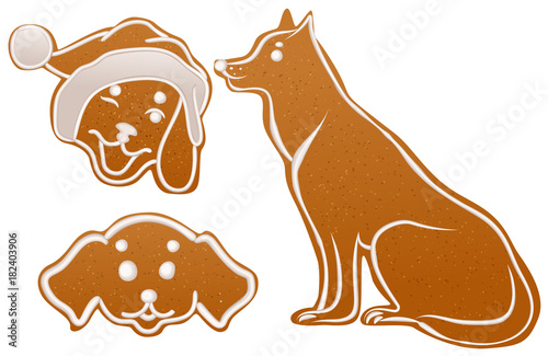 Set dog gingerbread cookie. Christmas ginger snap traditional dessert