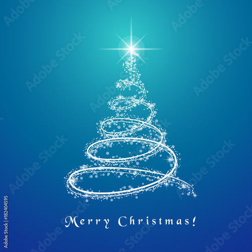 Abstract Christmas tree design with lit and glowing lights spinning around. Blue background