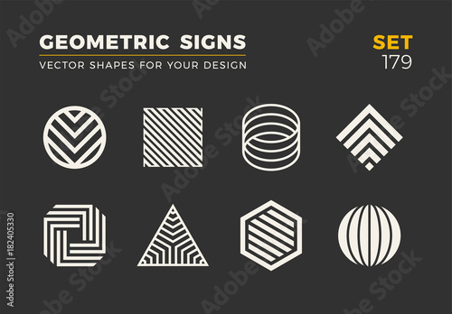 Set of eight minimalistic trendy shapes. Stylish vector logo emblems for Your design. Simple universal geometric signs collection.