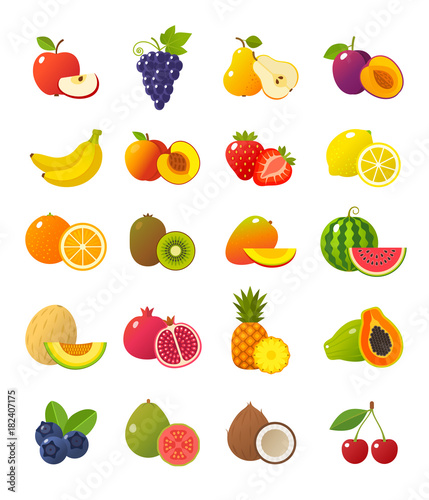 Fruits and berries icons collection. Vector illustration of cartoon fruits and berries, such as apple, pear, strawberry, orange, peach, plum, banana, pineapple, grapes, kiwi, mango. Isolated on white.