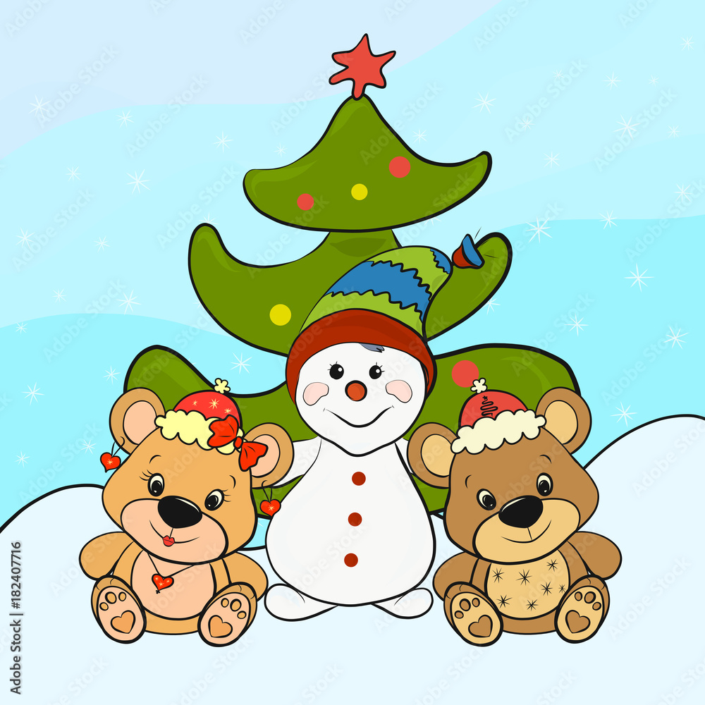 Snowman with cute bears and Christmas tree