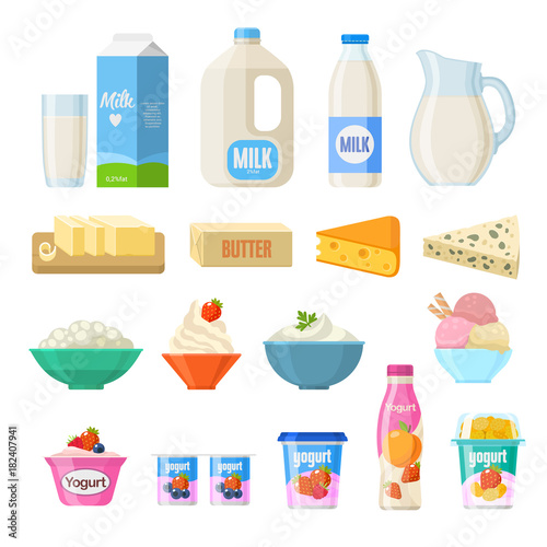 Vector collection of dairy products in flat style including milk, butter, cheese, yogurt, cottage cheese, sour cream, ice cream, cream, isolated on white.