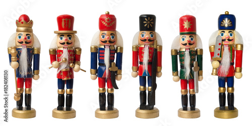 Collection christmas nutcracker toy soldier traditional figurine, Isolated on white background