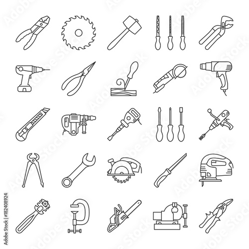Construction tools linear icons set