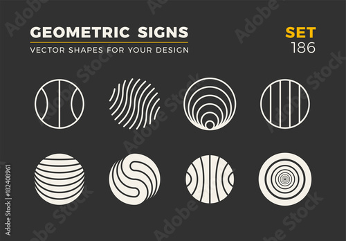 Set of eight minimalistic trendy shapes. Stylish vector logo emblems for Your design. Simple universal geometric signs collection.