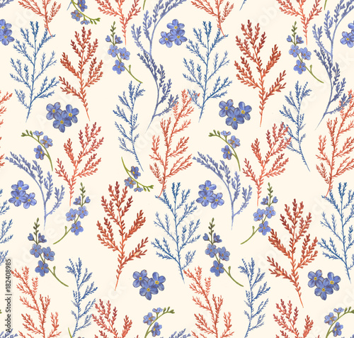Hand drawn watercolor seamless pattern with different plants and flowers. Repeated background with natural motives.