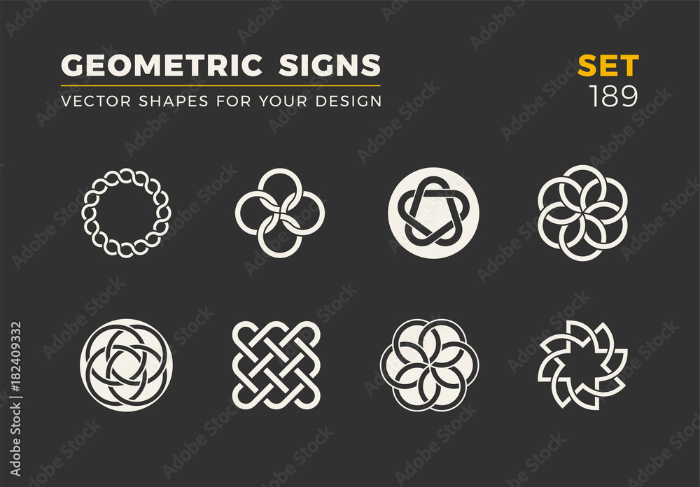 Set of eight minimalistic trendy shapes. Stylish vector logo emblems for Your design. Simple universal geometric signs collection.