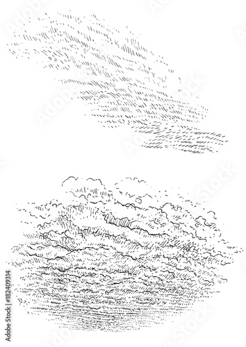 Cloud illustration, drawing, engraving, ink, line art, vector