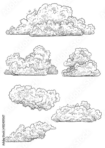 Cloud illustration, drawing, engraving, ink, line art, vector