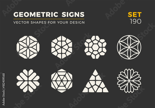 Set of eight minimalistic trendy shapes. Stylish vector logo emblems for Your design. Simple universal geometric signs collection.