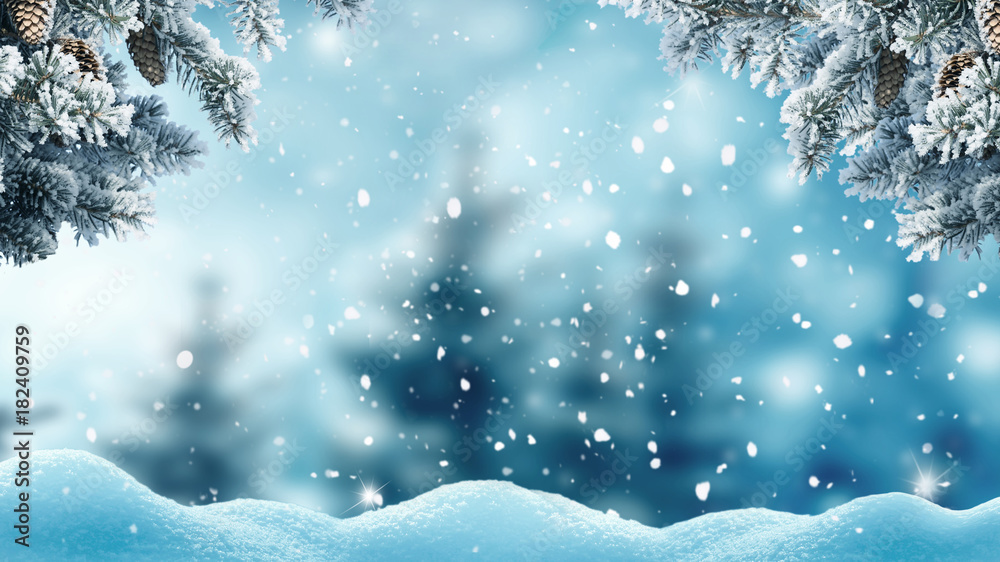 Merry christmas and happy new year greeting background .Winter landscape with snow and christmas trees