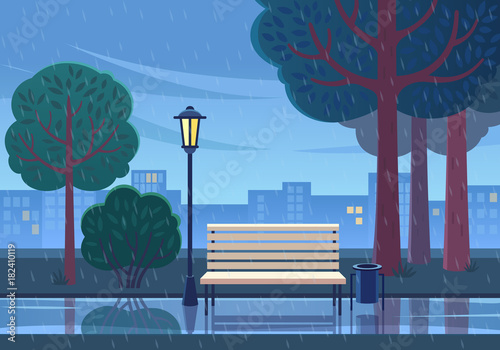 Rainy summer day in the park. Vector illustration of raining in public park with town building background, path, bench and street lamp.