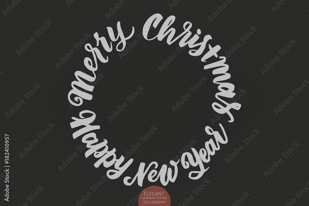 Vector Merry Christmas and Happy New Year text. Calligraphic lettering design card template.Creative typography gift poster for holidays on dark background. Vector Ink illustration.