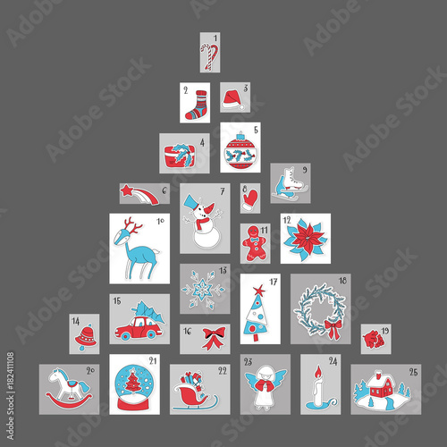Christmas advent calendar, cute holiday season decoration countdown to xmas day celebration.