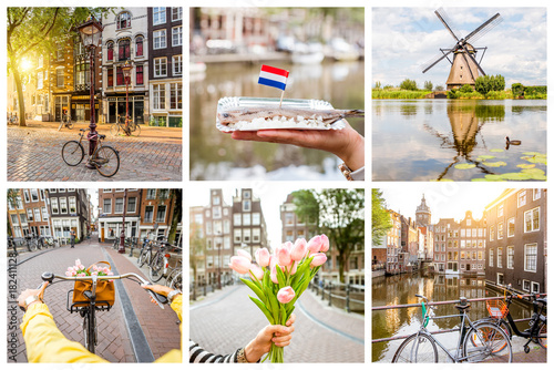 Collage with different symbols of Netherlands, tulips, herring, windmill, bicycles and water channels
