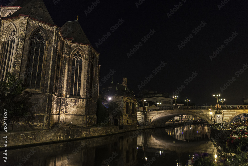 Bridge of Saint Michael at night in Ghent, Belgium