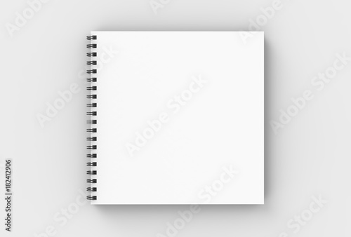 Square spiral binding notebook mock up isolated on soft gray background. 3D illustrating.