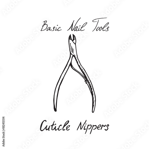 Basic nail tools, cuticle nippers, hand drawn doodle sketch with inscription, isolated vector illustration
