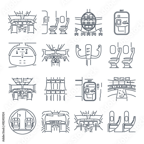 set of thin line icons cockpit airplane, ship, cabin interior