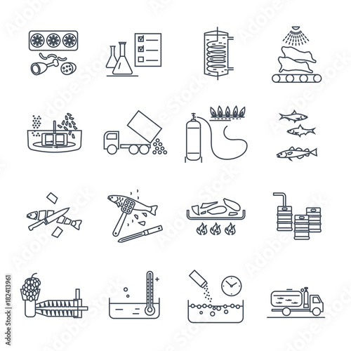 set of thin line icons food, meal production process, cooking