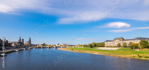 Scenic autumn view of Elbe river  Augustus Bridge and Old Town  Dresden  Saxony  Germany  Europe