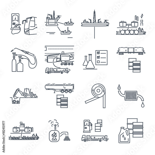 set of thin line icons fuel, gas, oil transport, production