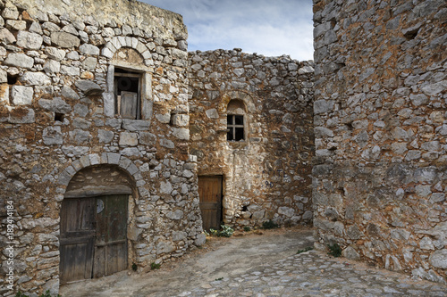 Old traditional abandoned stone houses in Avgonima village on Chios island in Greece.  