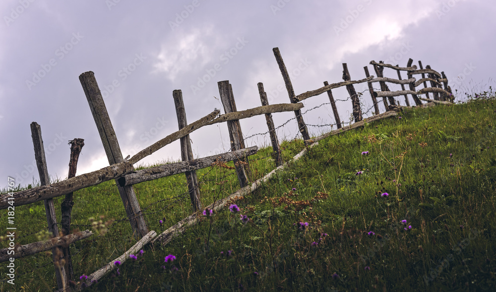 Rustic wooden fence across a green meadow in Transylvania, Romania.