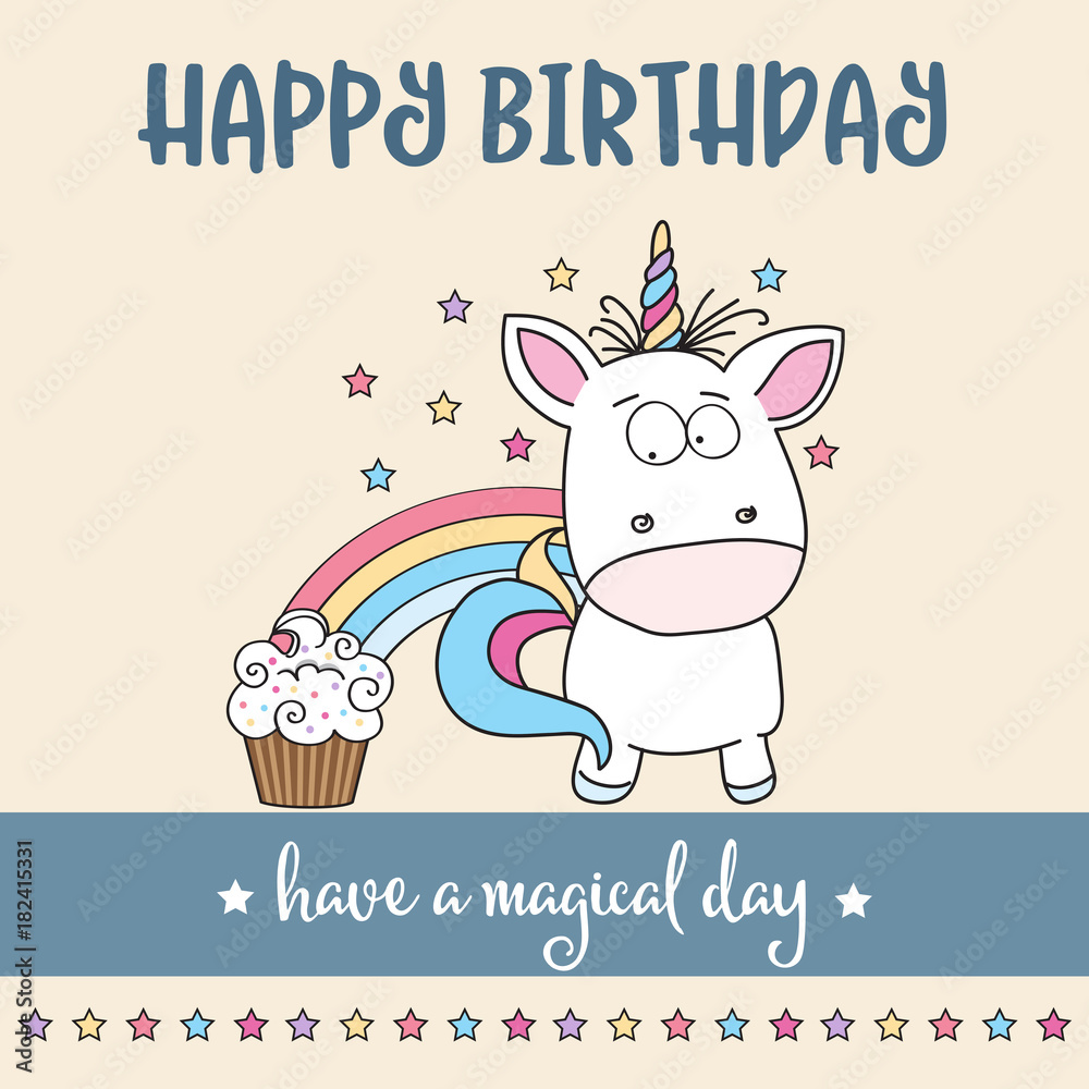 Fototapeta happy birthday card with lovely baby unicorn